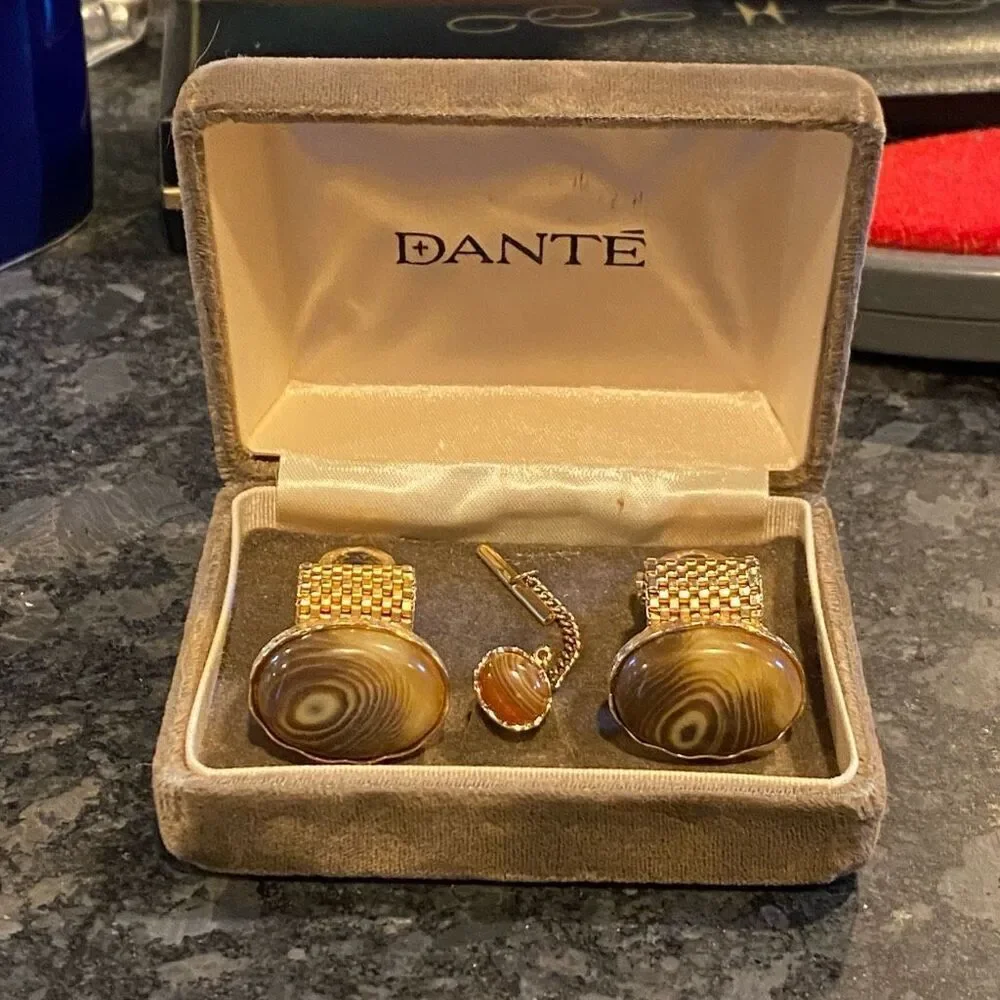 Vintage Dante Cuff Links Tie Tack Gold Tone Agate Look with Box